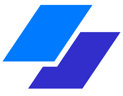 Two overlapping parallelograms angled upward, one blue and one dark blue.