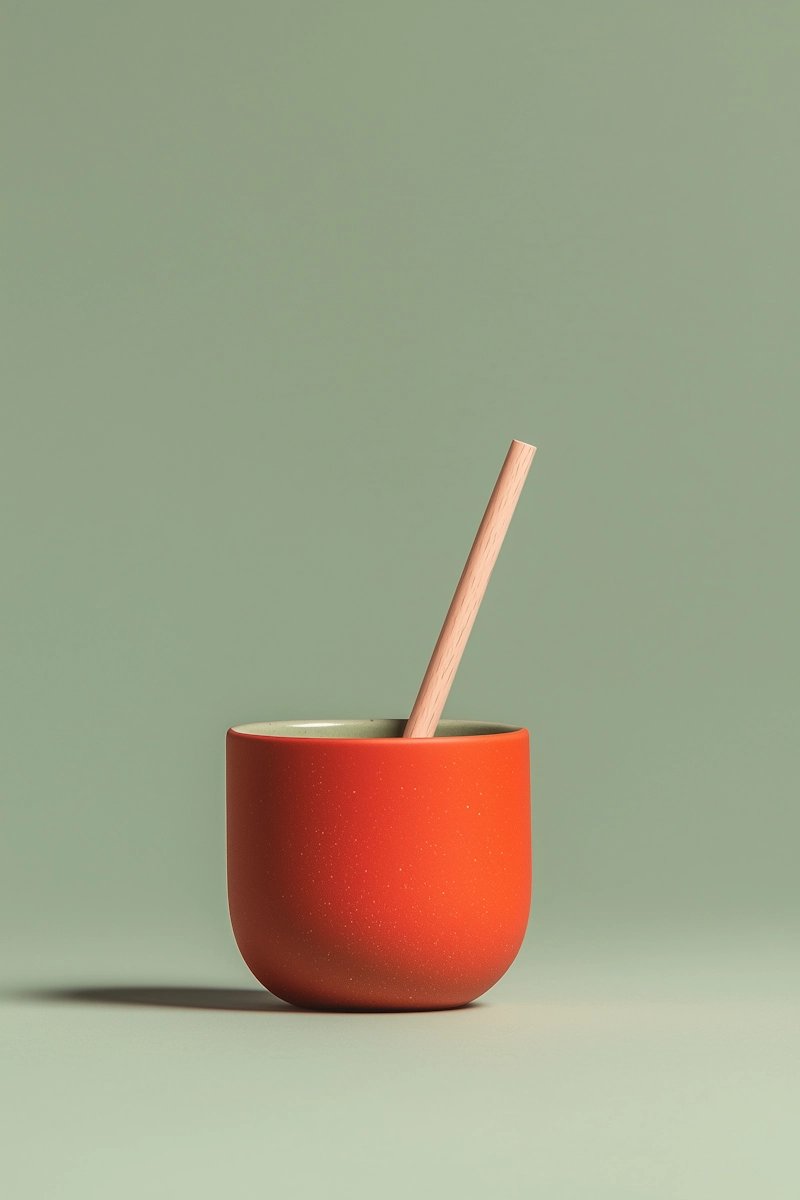 Orange ceramic cup with a light wooden stir stick on a pale green background.