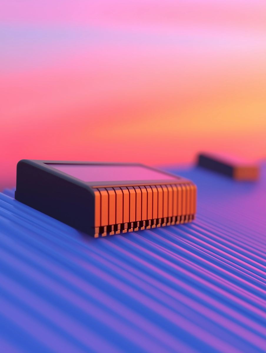 Close-up of a futuristic microchip with orange pins on a blue circuit board against a pink-orange background.