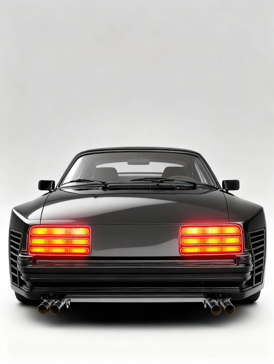 Rear view of a sleek black sports car with glowing rectangular taillights and dual exhaust pipes.