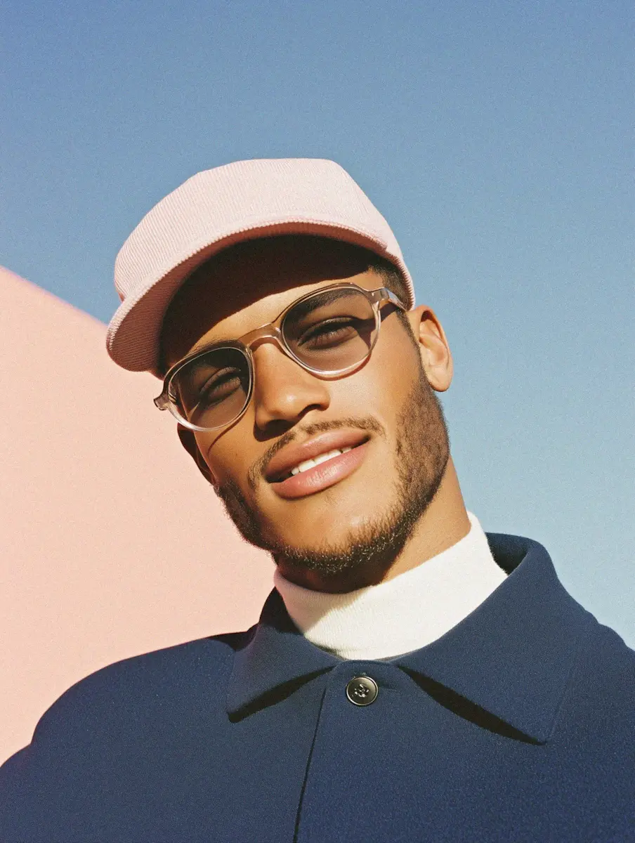 Smiling man wearing glasses, a pink cap, white turtleneck, and navy coat against blue sky and pink wall.