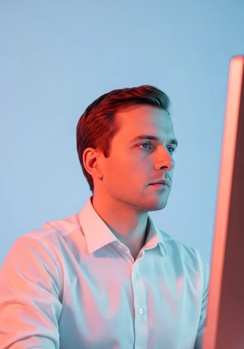 Focused young man in white shirt working on a computer with blue and red lighting.