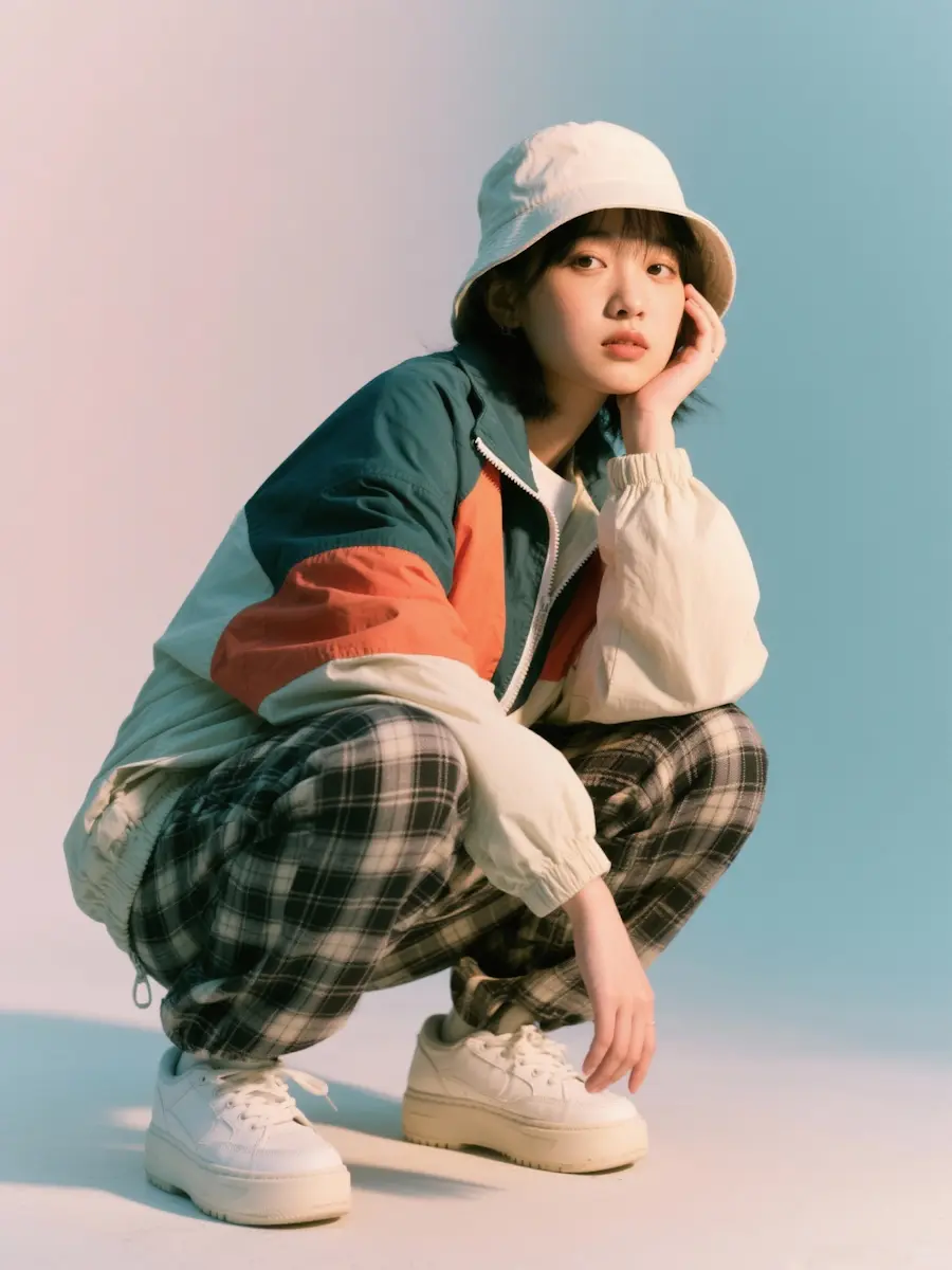 Young person in a bucket hat, color-block jacket, plaid pants, and white sneakers squatting thoughtfully.