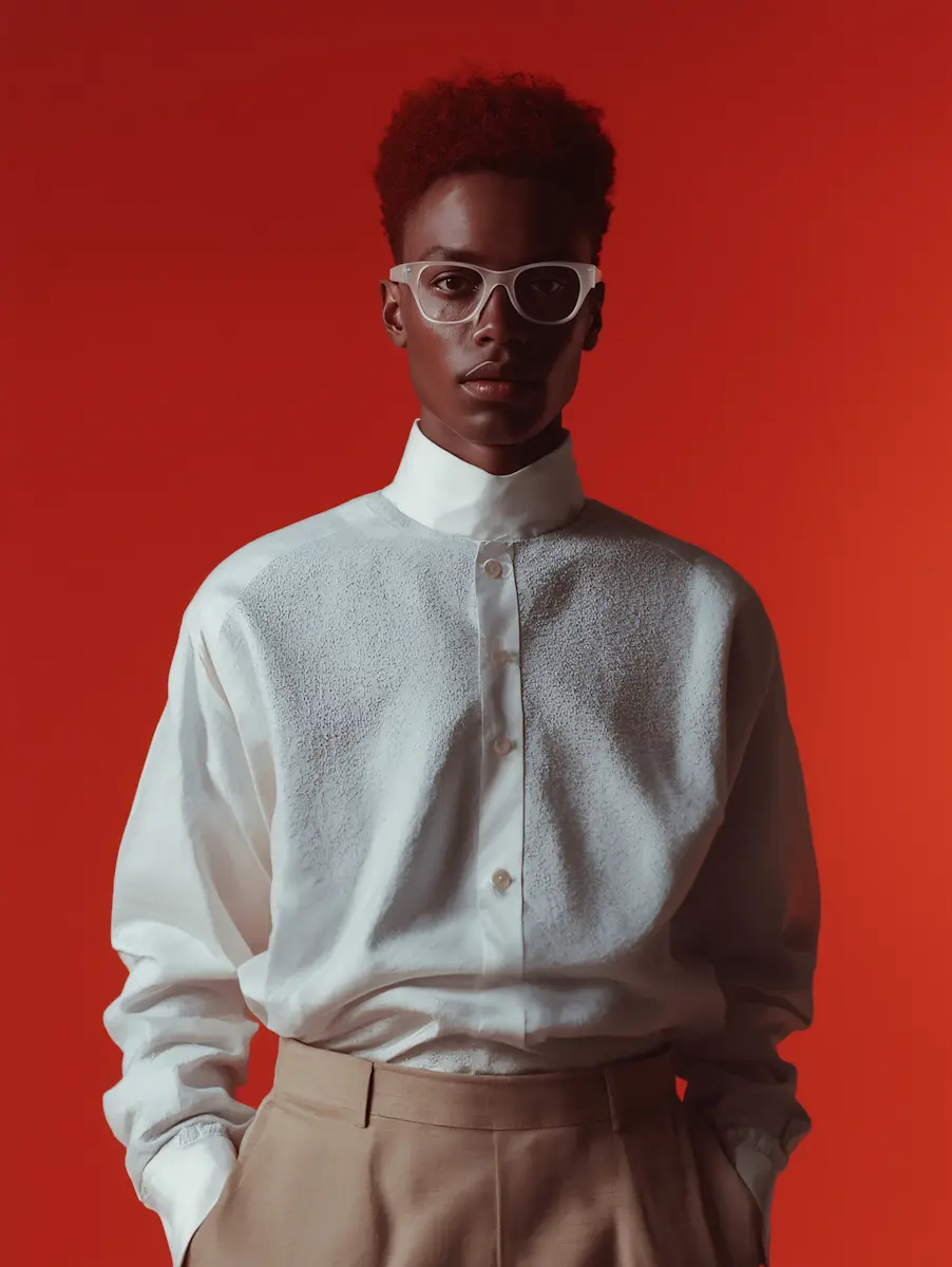Portrait of a person wearing white glasses, white textured shirt, and beige pants against an orange background.