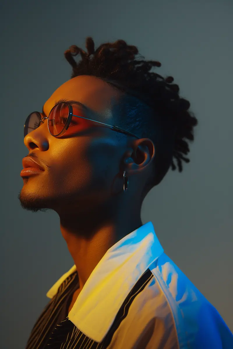 Stylish man with dreadlocks wearing round sunglasses and hoop earring in colored lighting.