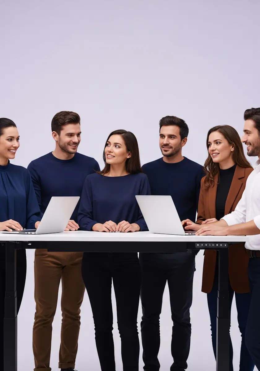 Group of six young professionals standing around a table with laptops, smiling and collaborating.