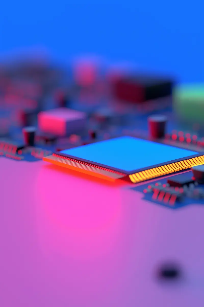 Close-up of a blue circuit board chip with glowing orange edges and colorful lighting effects.