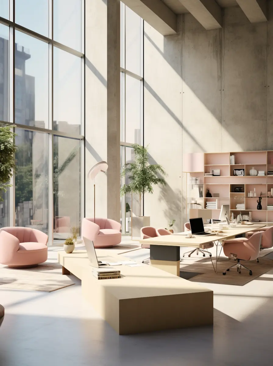 Sunlit minimalist office with large windows, pink chairs, wooden desks, and indoor plants.