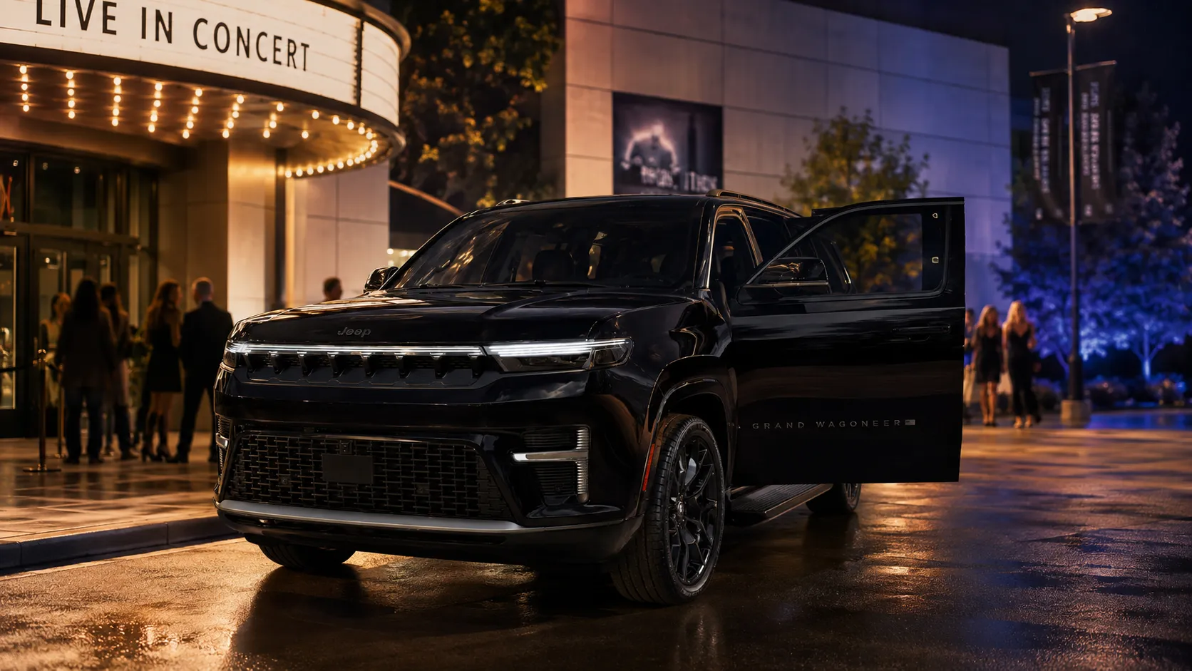 RM Executive's Black Jeep Grand Wagoneer SUV with open door parked outside a concert venue at night.