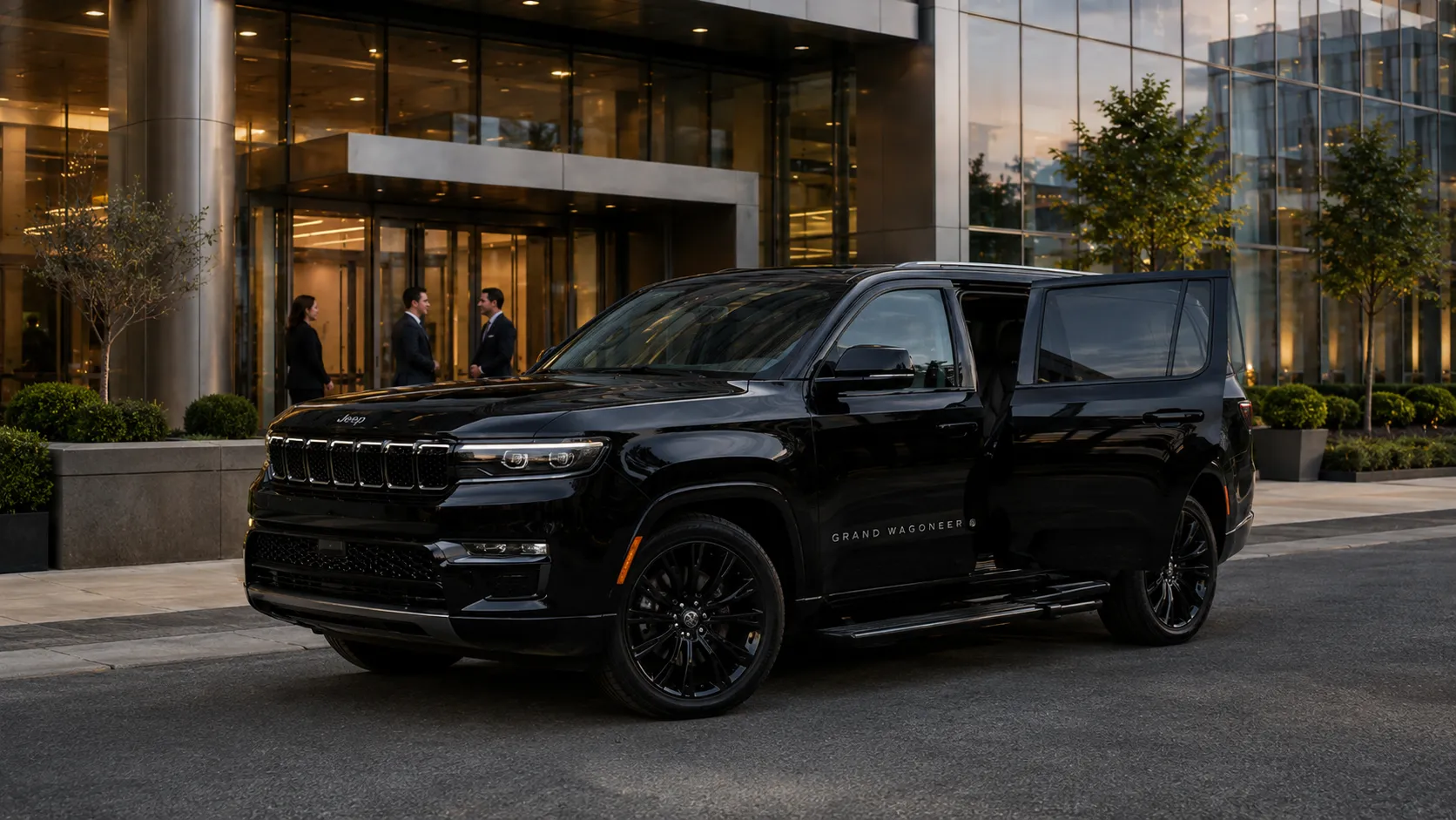 RM Executive's Black Jeep Grand Wagoneer SUV parked in front of a corporate office.