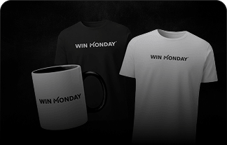 Black coffee mug, black T-shirt, and white T-shirt, each with the text 'WIN MONDAY' on them against a dark background.