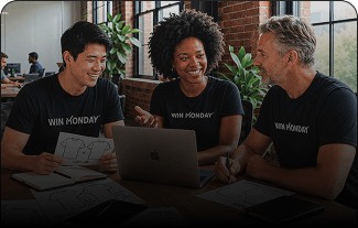 Three people wearing matching black 'WIN MONDAY' t-shirts sitting at a table in a modern office space, smiling and discussing with a laptop and papers in front of them.