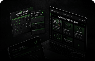 Digital workspace with a tablet showing a calendar titled 'Win Monday Monthly Calendar' with checked dates, a 'Daily Win Journal' checklist, a laptop displaying a 'Business Athlete Toolkit' webpage with various content tiles and images of a man, and a 30-day action plan document partially visible, all set in a dark theme with green highlights.