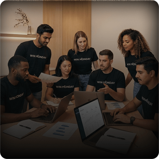 Six team members gathered around a table in a meeting, all wearing black 'WIN MONDAY' t-shirts, engaged in discussion with laptops, papers, and notebooks.