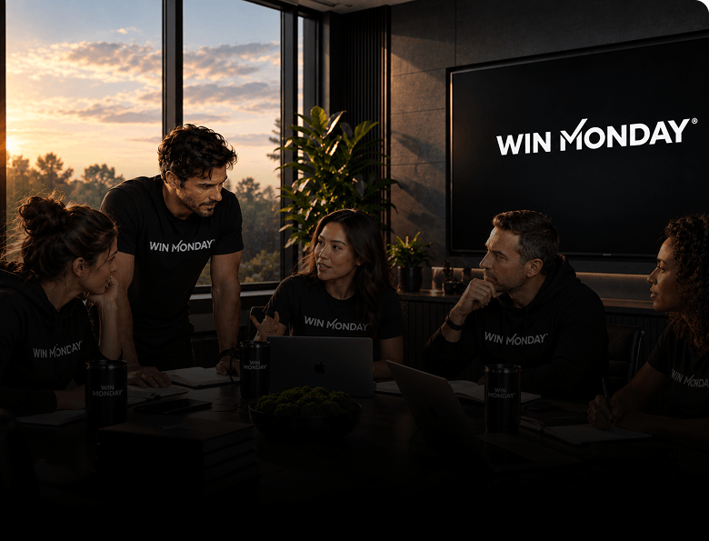 A group of five people wearing black shirts with 'WIN MONDAY' logo having a meeting around a table in a modern office with sunset light coming through large windows and a screen displaying the 'WIN MONDAY' logo on the wall.