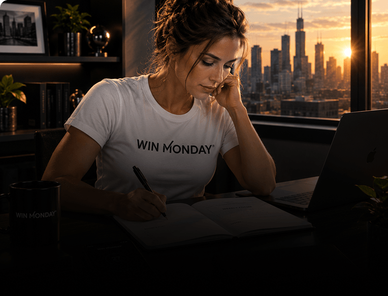 Woman wearing a white 'Win Monday' t-shirt writing in a notebook at a desk with a laptop, with a city skyline and sunset through large windows.