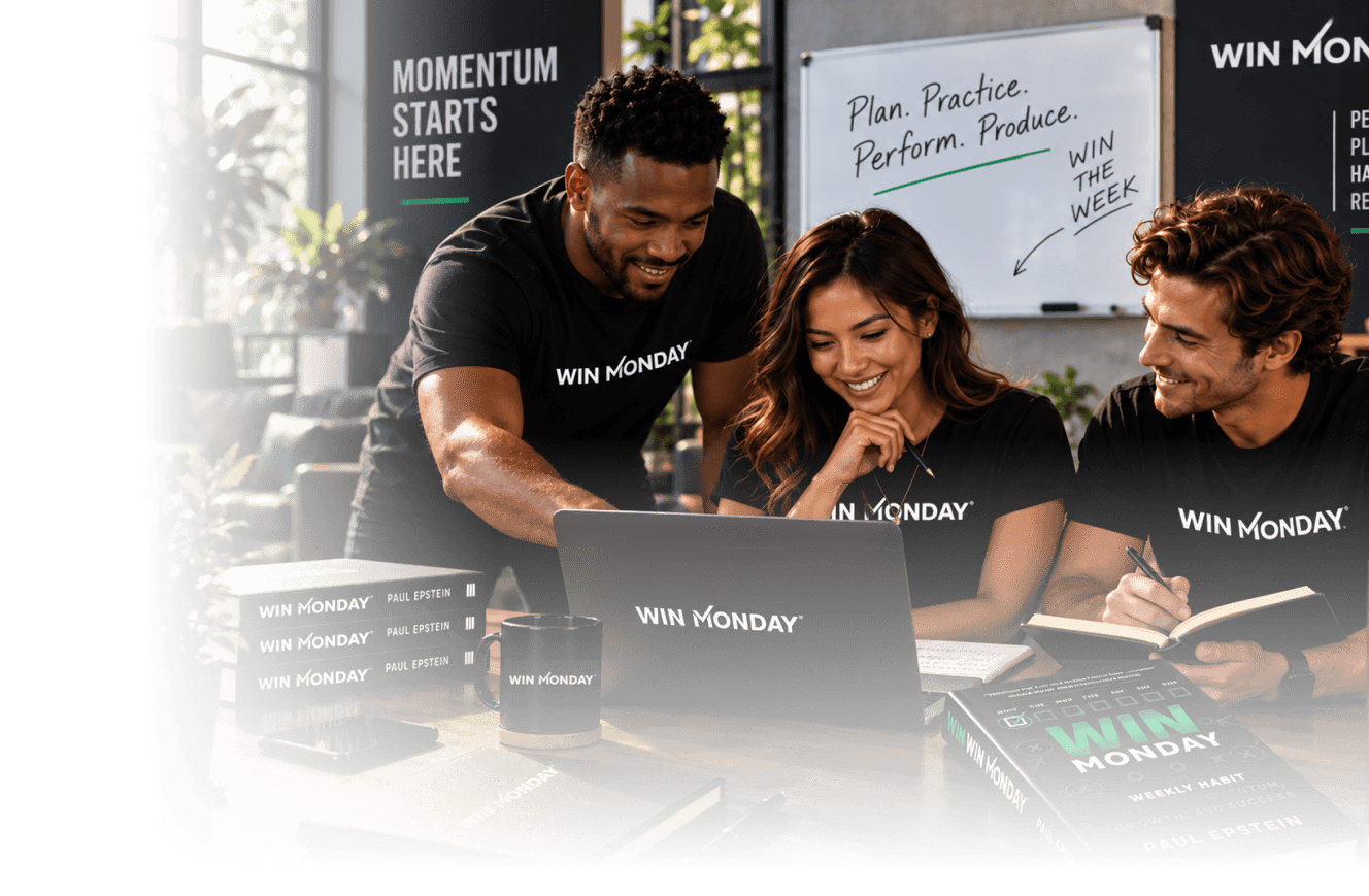 Three smiling people wearing black "Win Monday" shirts gathered around a table with a laptop, notebooks, books, and a coffee cup displaying the "Win Monday" logo. Behind them are motivational signs including "Momentum starts here" and a whiteboard with the phrases "Plan. Practice. Perform. Produce." and "Win the week."