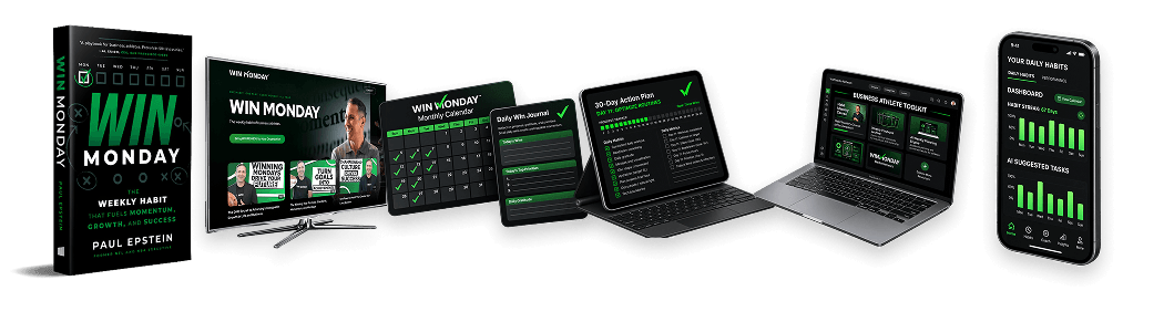 Display showing the 'Win Monday' program by Paul Epstein with a book cover, TV screen with program introduction, tablet and laptop screens showing task lists and habit tracking, and a phone displaying daily habit progress and task suggestions, all with a sleek dark-themed interface.