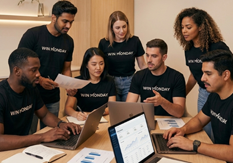 A diverse group of six people wearing matching 'WIN MONDAY' black shirts around a table with laptops and documents, engaged in a collaborative discussion.