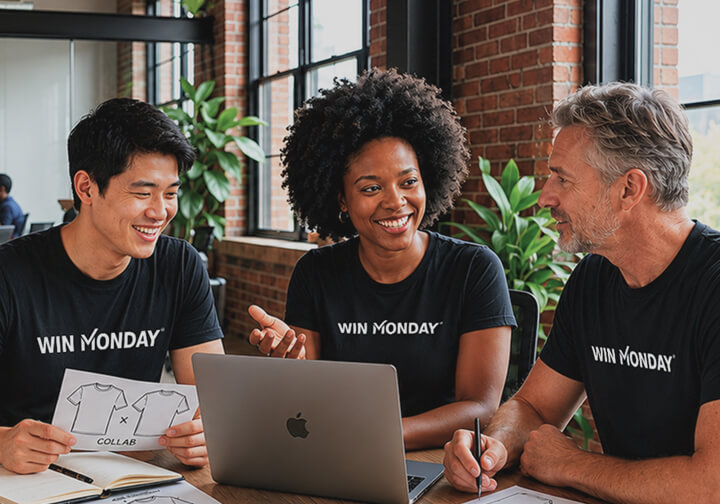 Three colleagues wearing black 'WIN MONDAY' t-shirts are seated around a wooden table with a laptop and papers, engaged in a discussion inside a modern office with large windows and brick walls.