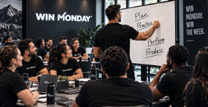 A man writes on a whiteboard with the words Plan Practice Perform Produce while a group of people watches attentively in a meeting room with WIN MONDAY signage on the wall.