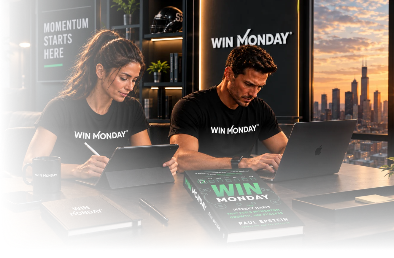 A man and a woman wearing black 'WIN MONDAY' t-shirts are working at a table with a laptop and tablet, with a 'WIN MONDAY' book and notebook in front of them, against a city skyline at sunset.