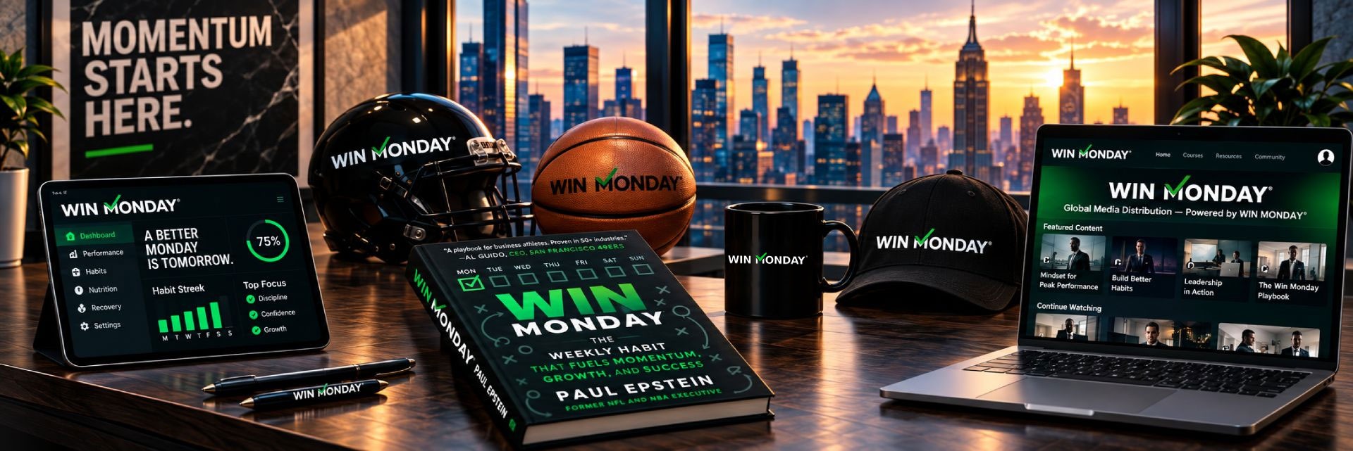 Desk with various Win Monday branded items including a tablet showing a habit tracking dashboard, a football helmet, a basketball, a cap, a mug, pens, and a laptop displaying Win Monday's online course platform, all set against a city skyline at sunset and a poster saying 'Momentum starts here.'