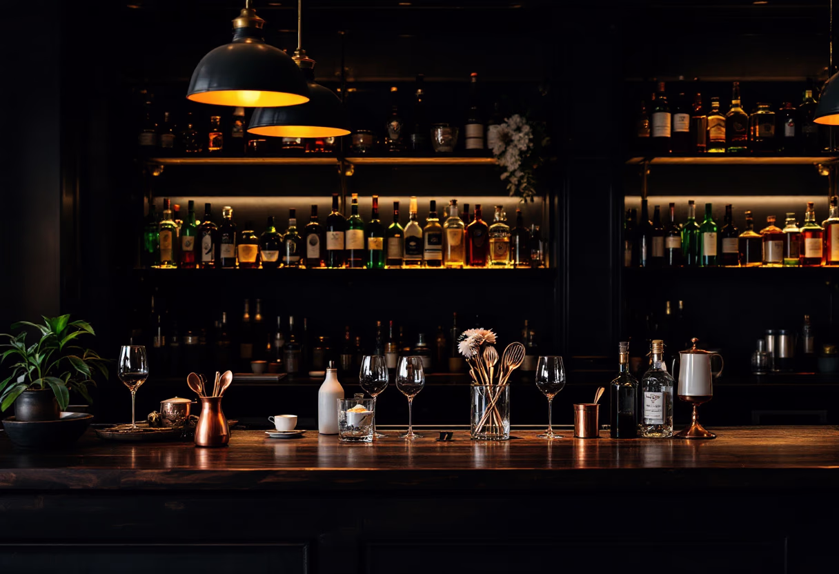 Backlit bar with premium bottle display at night