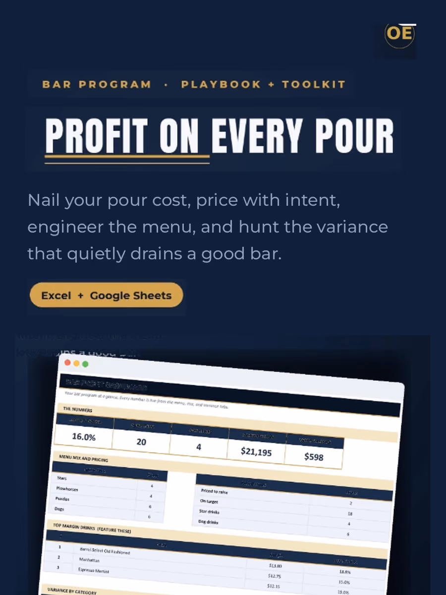 Bar Program Profit Playbook for Excel and Google Sheets, with a bar profit dashboard tracking pour cost, menu mix, and variance.