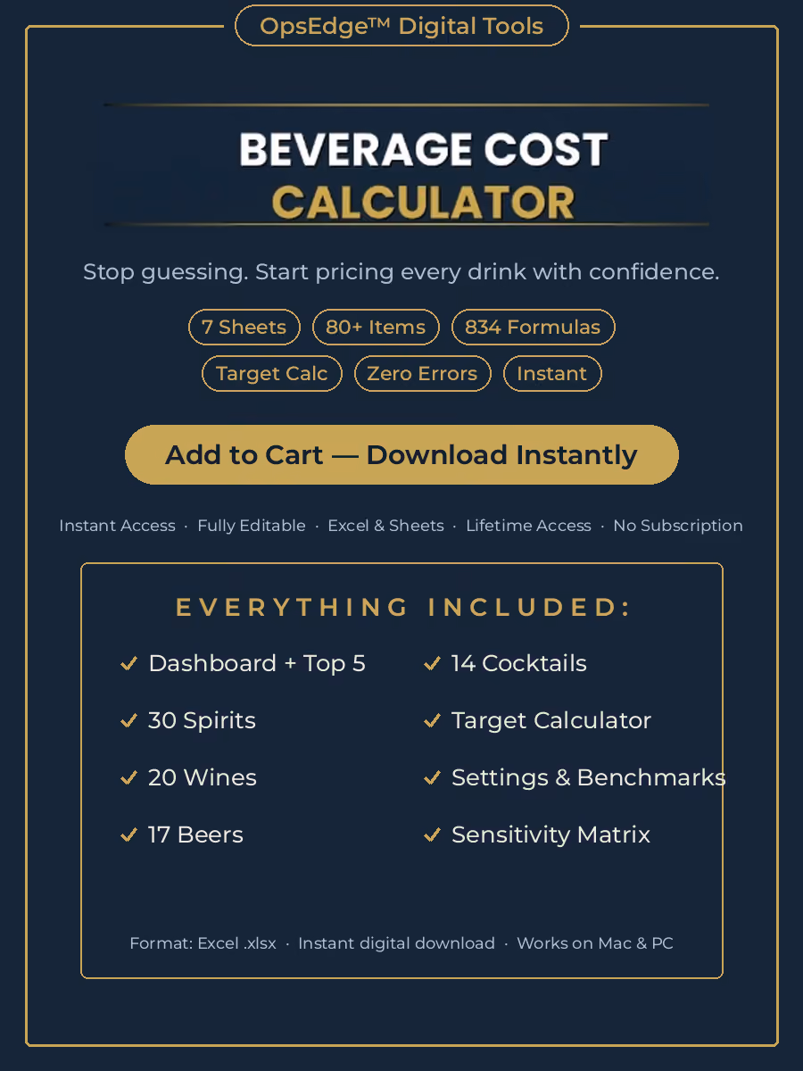 Beverage Cost Calculator for bars and restaurants in Excel and Google Sheets, covering drink pricing, pour cost percentage, and profit margins.