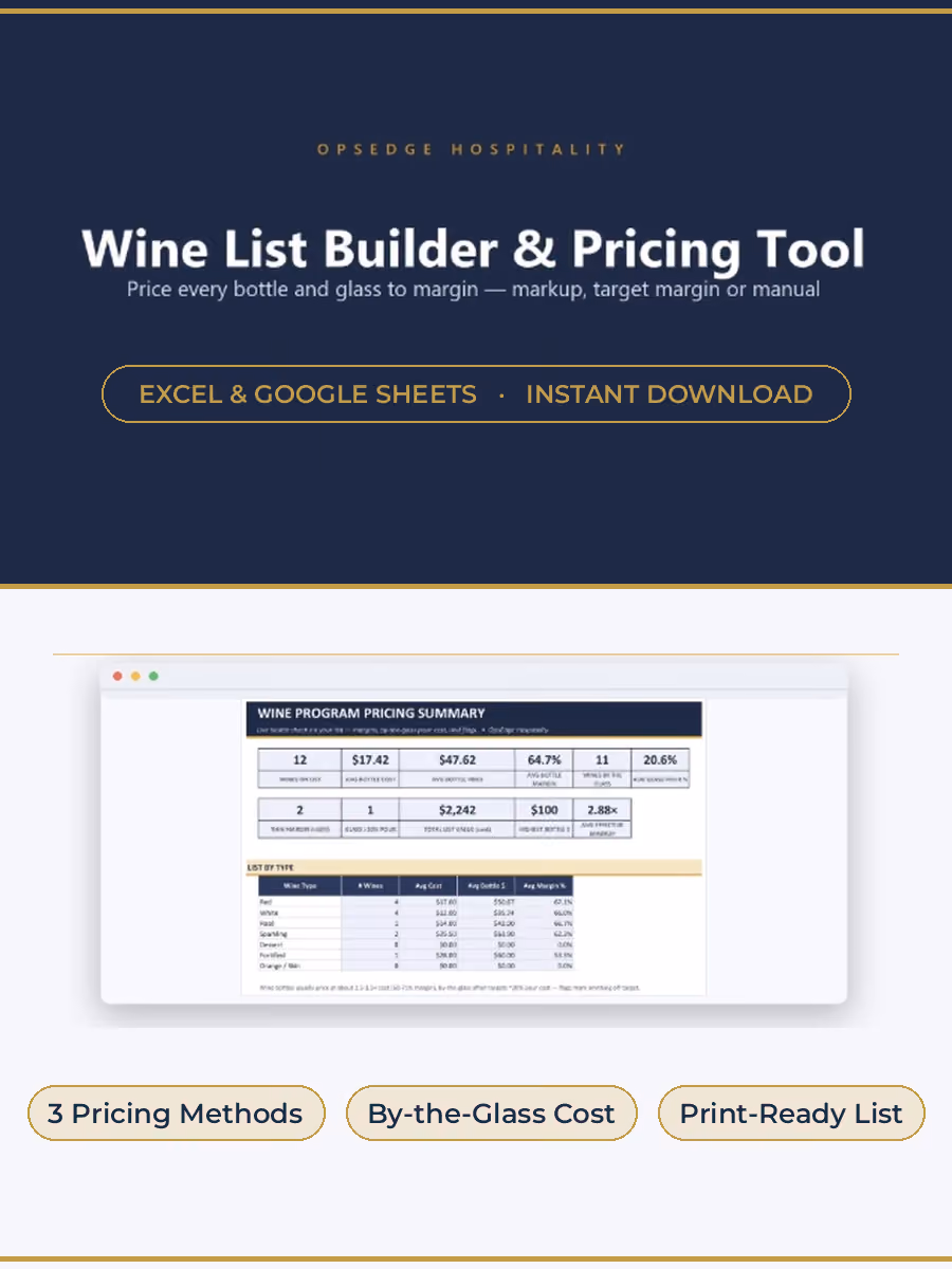 Wine List Builder and Pricing Tool for Excel and Google Sheets, pricing every bottle and glass by markup, target margin, or manual method.