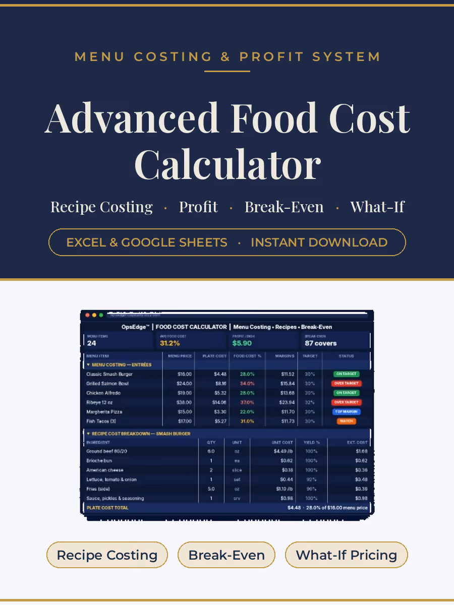 Advanced food cost calculator for Excel and Google Sheets with recipe costing, plate cost, break-even, and what-if menu pricing.