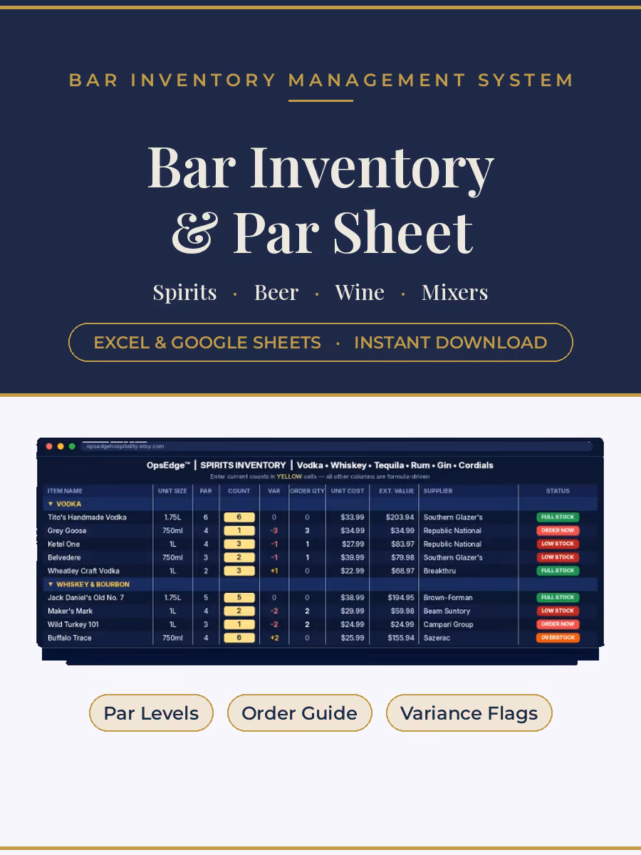 Bar inventory and par sheet spreadsheet for Excel and Google Sheets covering spirits, beer, and wine with par levels, counts, and an auto order guide.