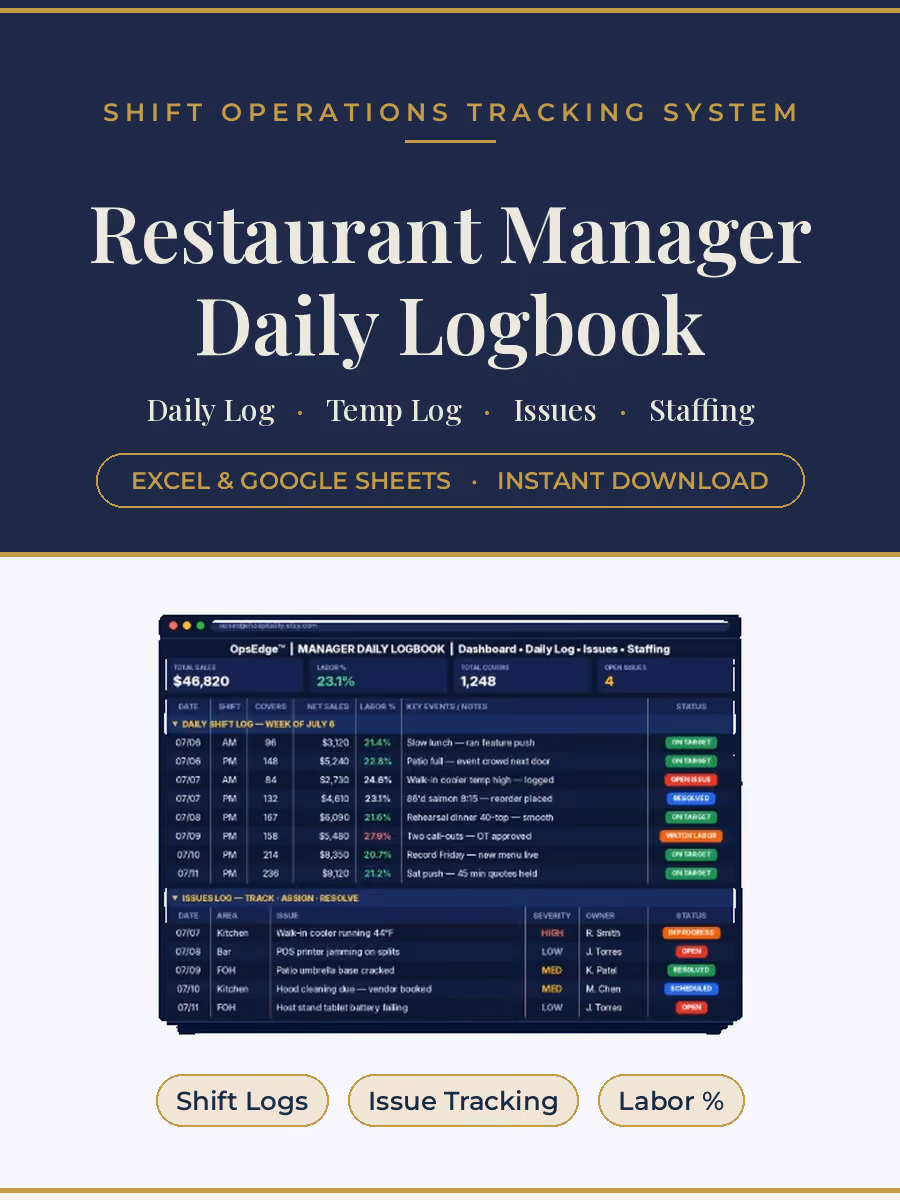 Restaurant manager daily logbook for Excel and Google Sheets with shift logs, temperature logs, issue tracking, and staffing notes.