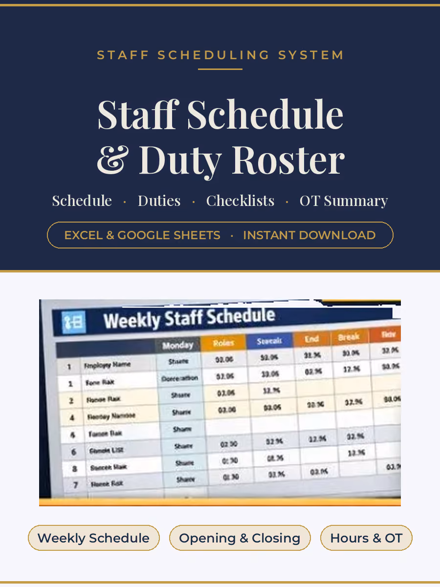 Staff schedule and duty roster template for Excel with weekly scheduling, opening and closing duties, checklists, and overtime summary.