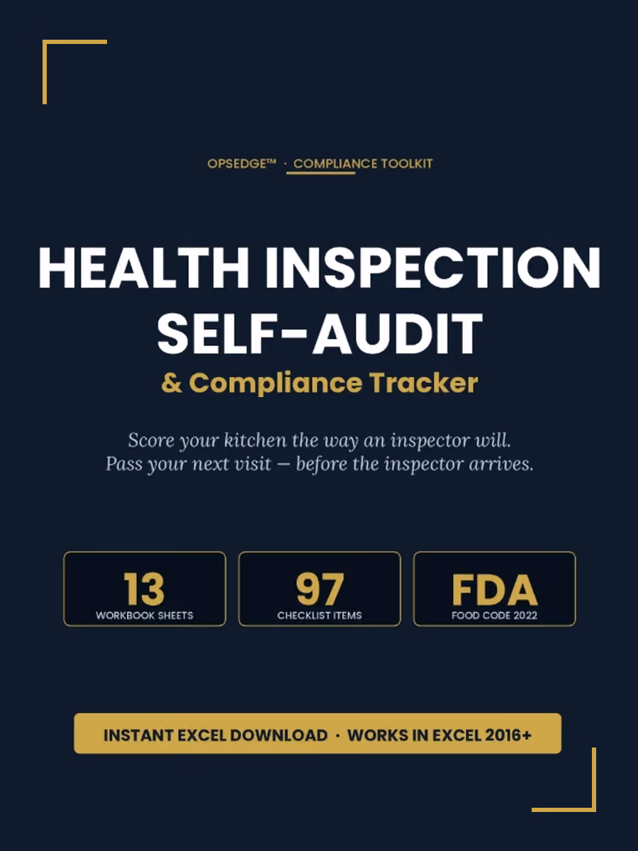 Health inspection self-audit and compliance tracker for Excel with 13 workbook sheets and 97 checklist items based on the FDA Food Code.