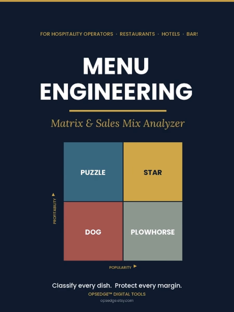 Menu engineering matrix and sales mix analyzer for Excel, classifying dishes as stars, plowhorses, puzzles, and dogs by profitability and popularity.