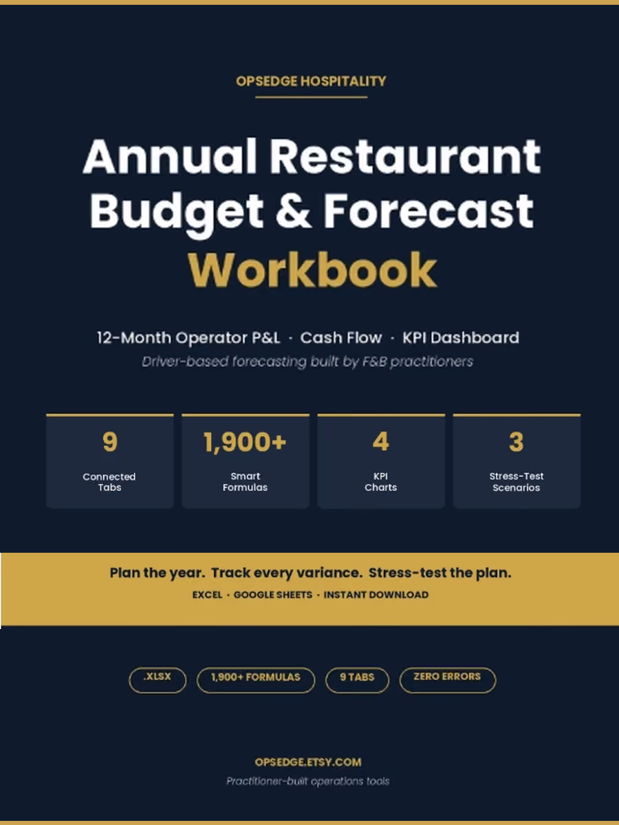 Annual restaurant budget and forecast workbook for Excel and Google Sheets with a 12-month operator P&L, cash flow, KPI dashboard, and stress-test scenarios.