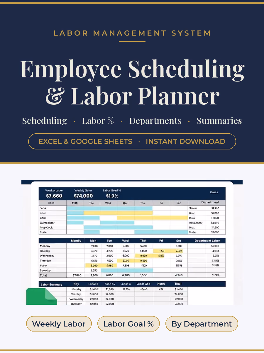 Employee scheduling and labor cost planner for restaurants in Google Sheets, with weekly labor spend, labor goal percentage, and department totals.