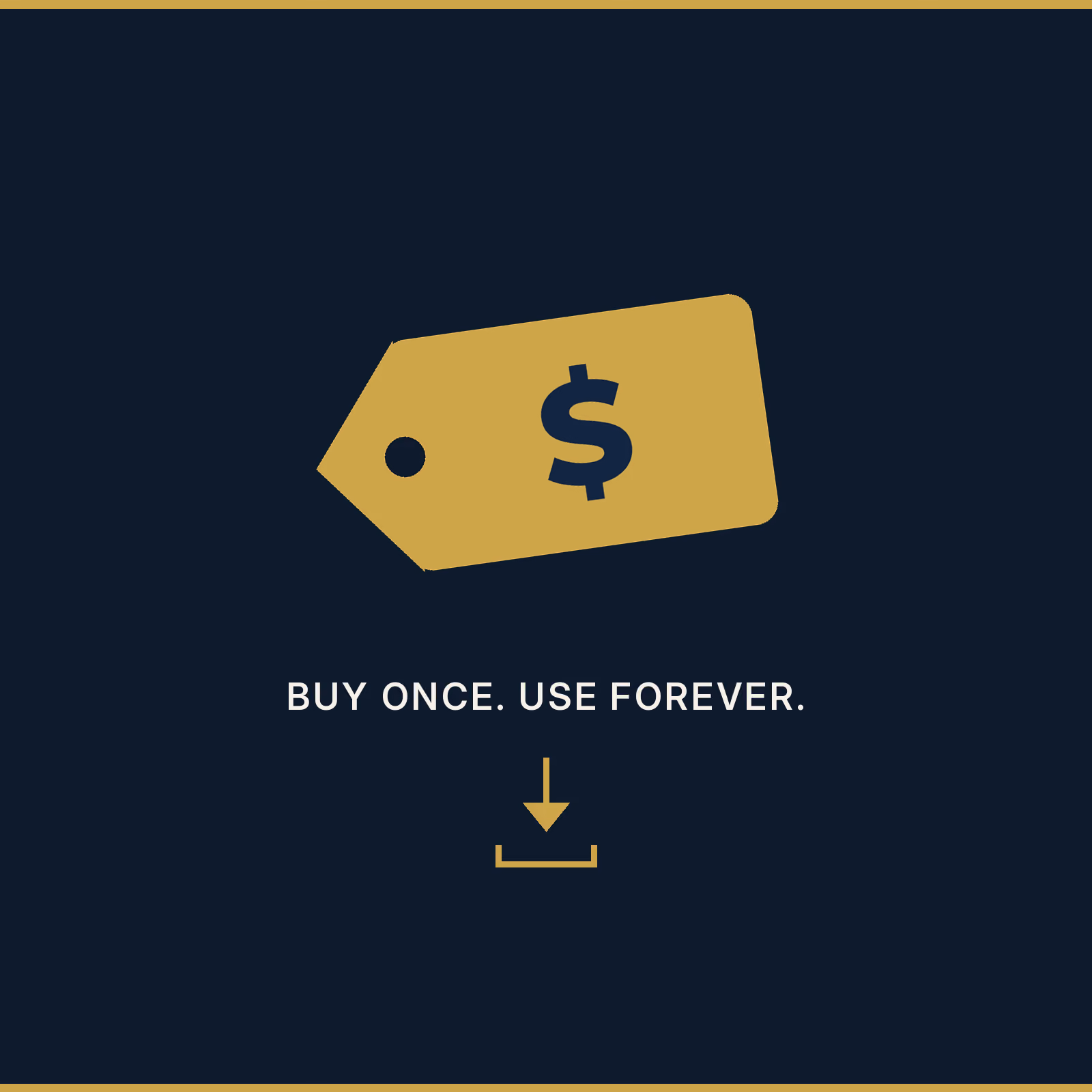 Gold price tag illustration representing one-time purchase, no subscriptions