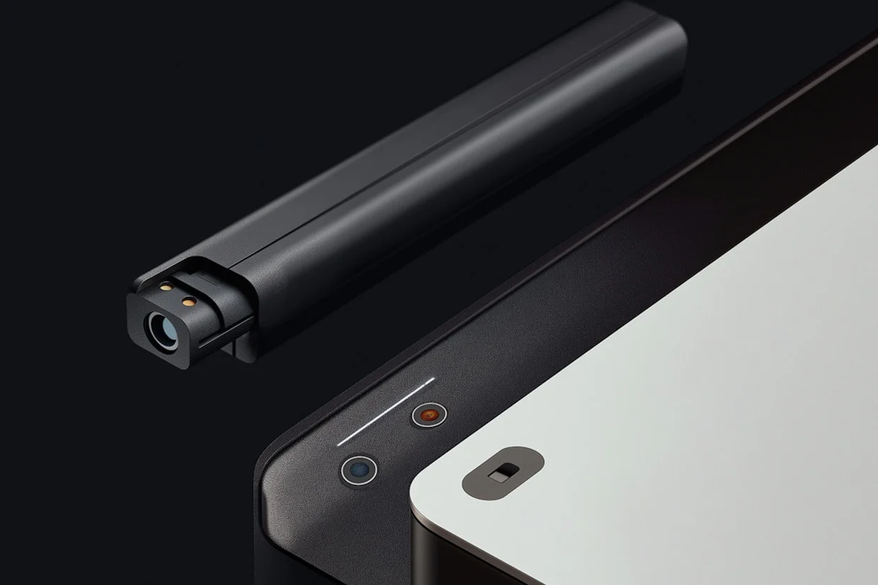 A close-up of a modern electronic device with a sleek, black and white design, emphasizing its minimalistic and sophisticated build.