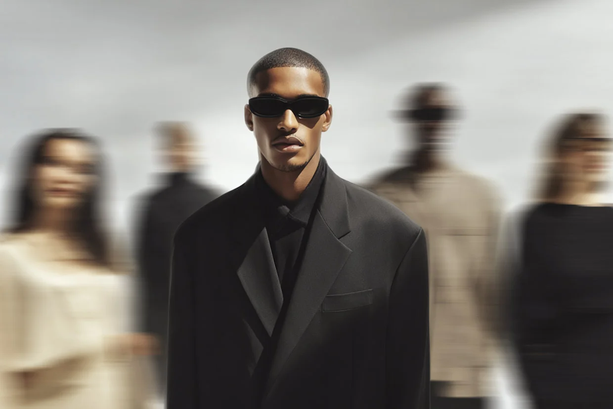 A professional portrait of two individuals dressed in formal attire, captured in soft, muted lighting with a blurred background for a sophisticated look.