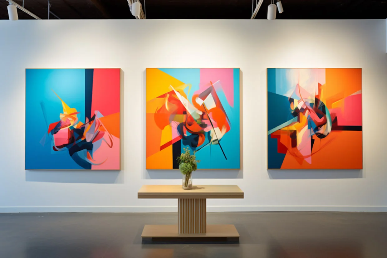 An art gallery with vibrant, colorful artwork displayed in frames on the wall, creating a lively and dynamic exhibition atmosphere.