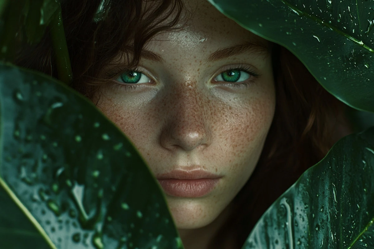Fashion model with a nature-inspired backdrop, highlighting a sustainable and stylish look for a social media campaign focused on eco-friendly fashion.