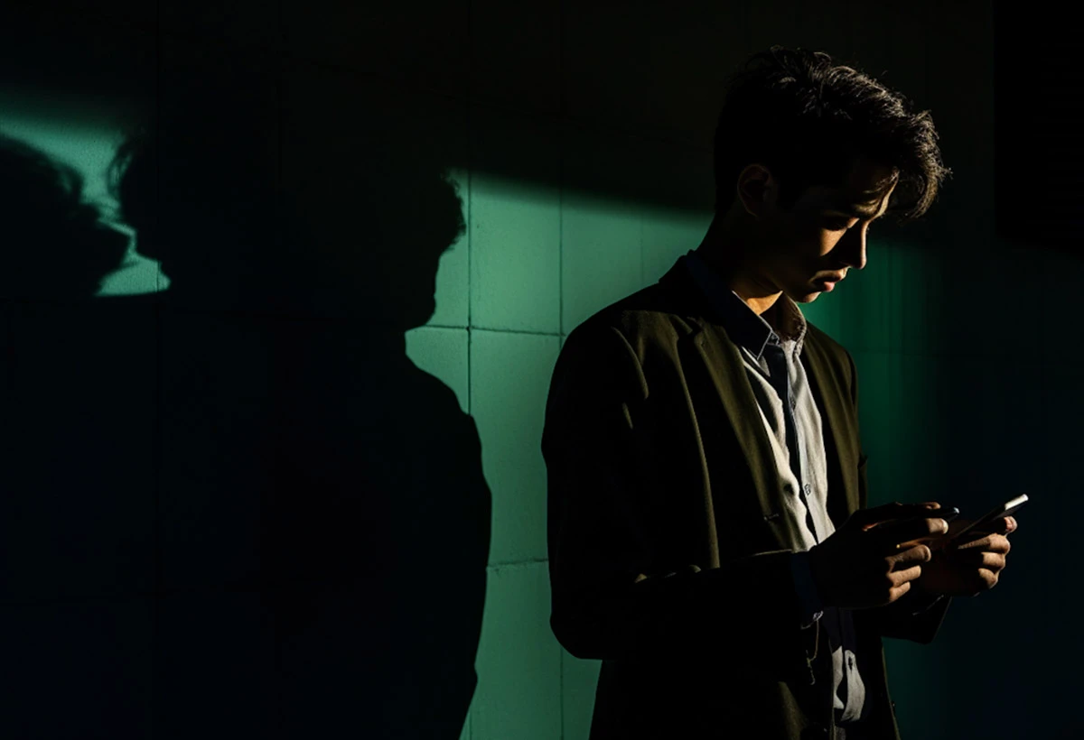 Dark cinematic scene with neon lighting and silhouette figure