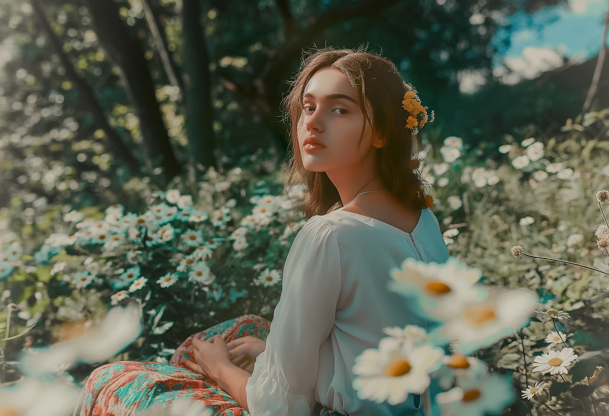 A model posing in a flower field, capturing the essence of nature and the carefree, fashionable look promoted in the social media campaign.