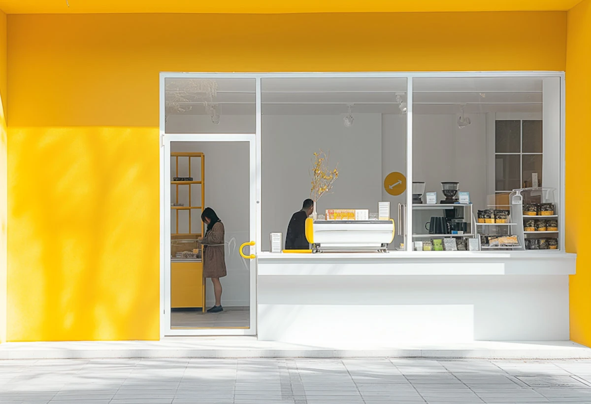 Interior design of a commercial space with sleek, modern yellow accents, showcasing an e-commerce setup with an integrated POS system.