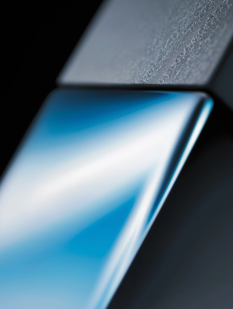 Close-up of sleek modern design object with reflective blue surface