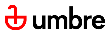 Black umbrella icon with red handle and shaft on a white background.