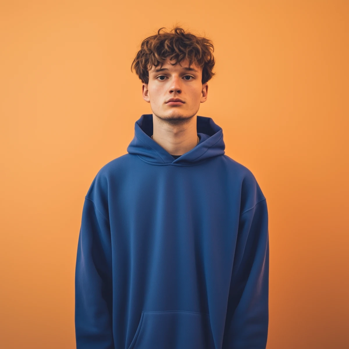 Young man with curly brown hair wearing a blue hoodie standing against an orange background.